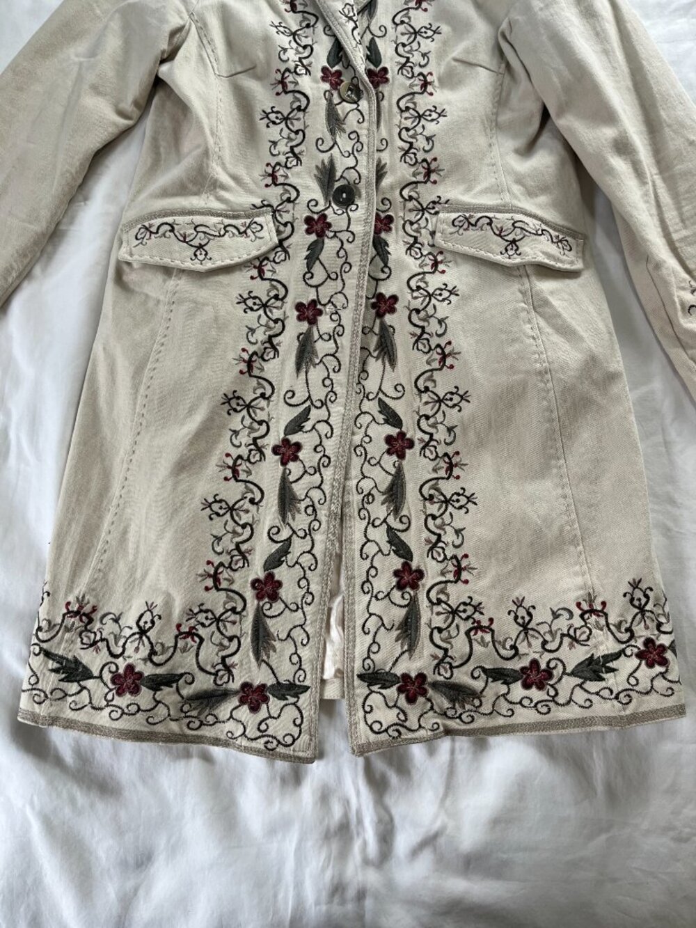 Paparazzi Beige Floral Embroidered Boho Button Down Long Jacket | Size L - Picture 3 of 13